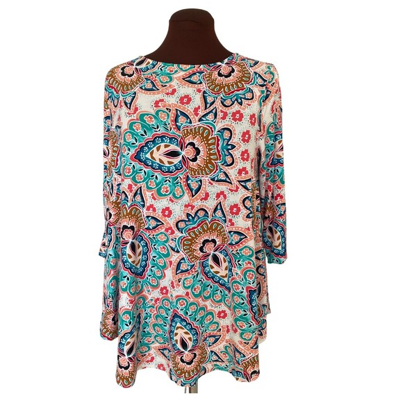 Chico's Paisley Floral Jersey Stretch Swing Rounded Hem Tunic Blouse Size 1 US M - Picture 7 of 9